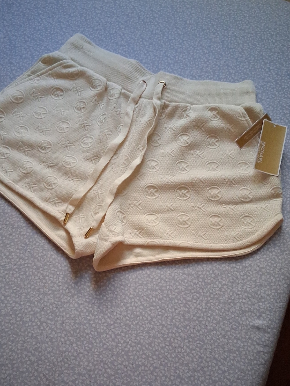 Michael Kors Cream Knit Embossed Logo Drawstring Athletic Shorts